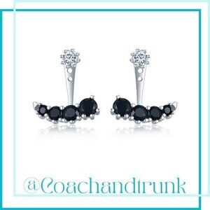 Silver White Diamond Solitaire Stud 4 Prong Set Black CZ Spinel Ear Jacket